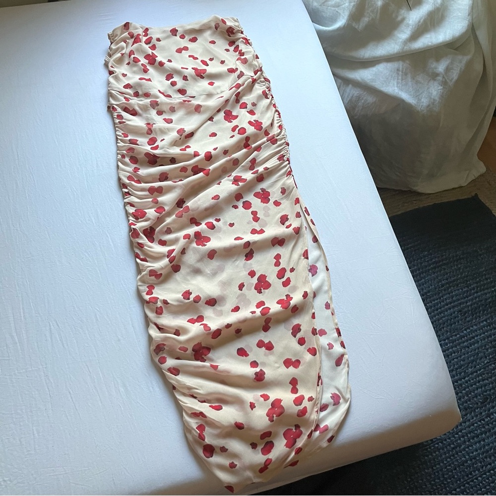 NWT SAEMDI tan viscose floral sheer ruched maxi skirt